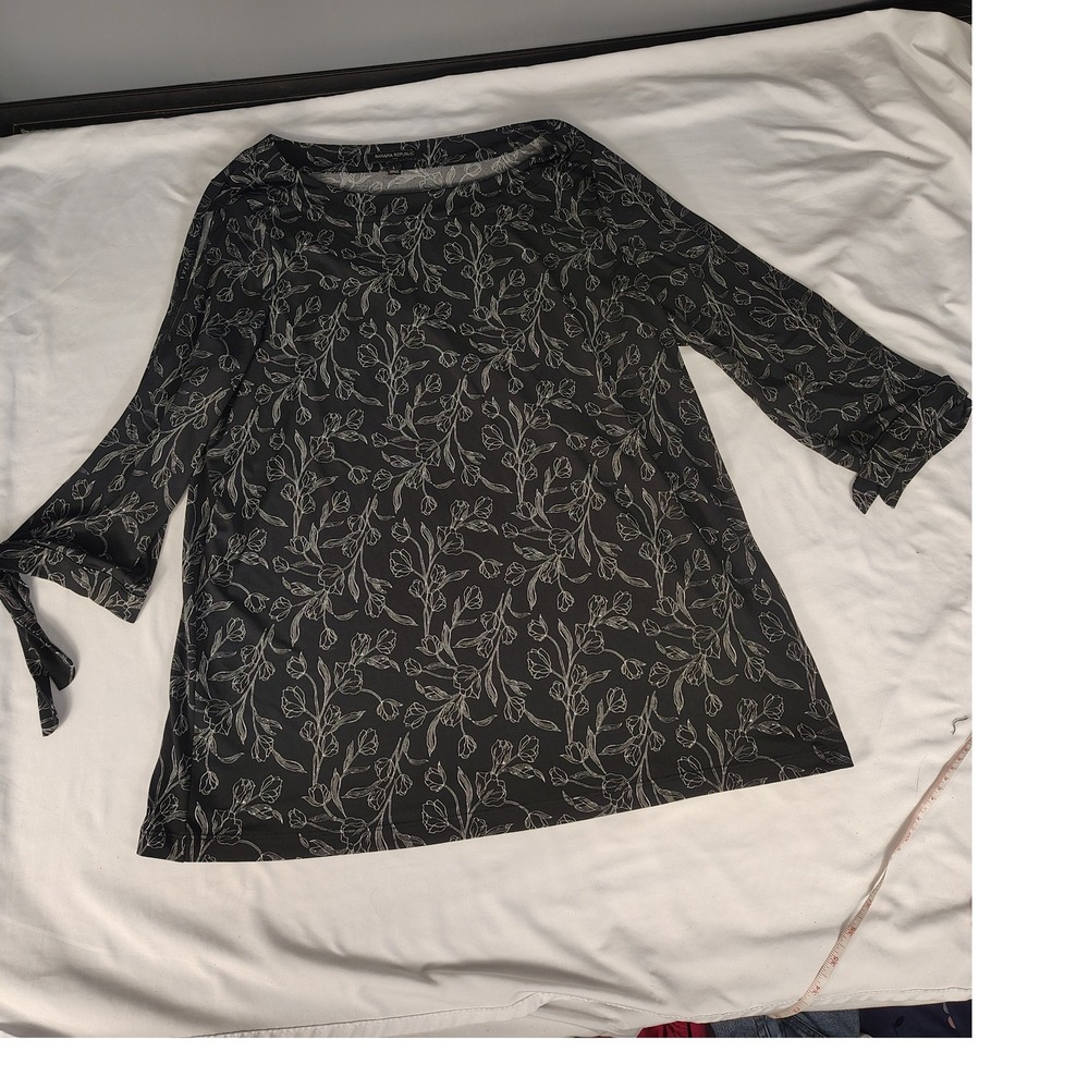 Banana Republic Black Floral Boat Neck Blouse Open Tie‎ Sleeve Top Womens Large